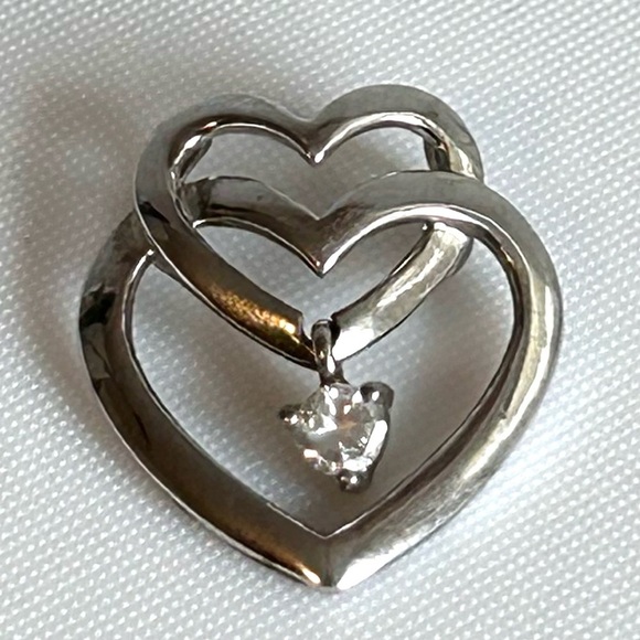Double Heart 925 Silver Sliding Pendant With Dangling Single Rhinestone - Picture 2 of 7